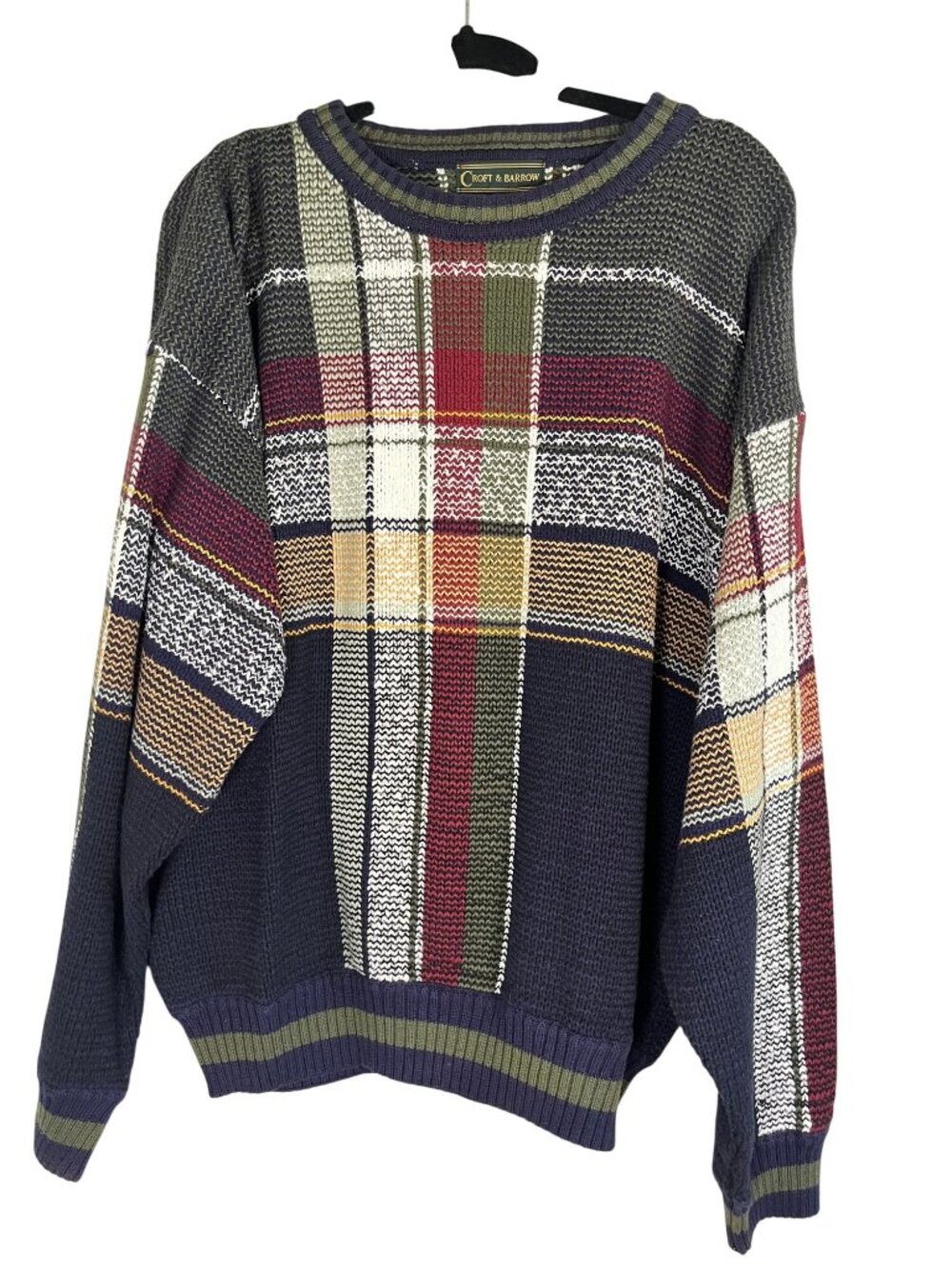 Vintage Patchwork Plaid Chunky Knit Sweater‎ L Grandpa Preppy Academia Tartan
